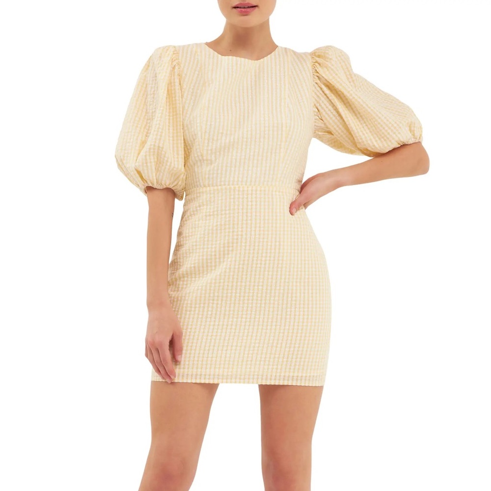 English Factory Metallic Gingham Puff Sleeve Minidress